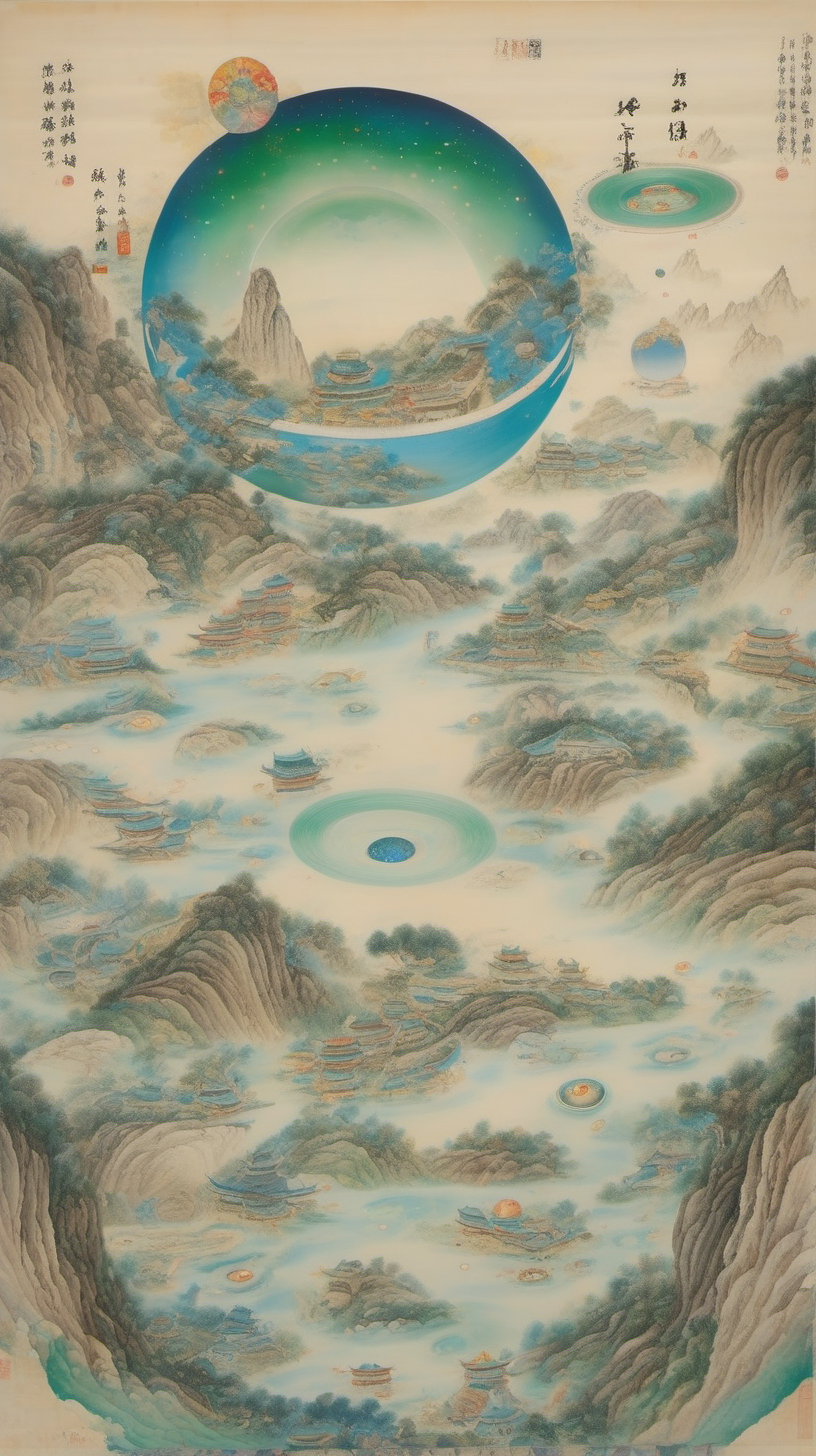 chinese gongbi drawing, with other worldly scenery, cosmos,  traversable wormhole, quail eggs, greenblue mountain, underground
