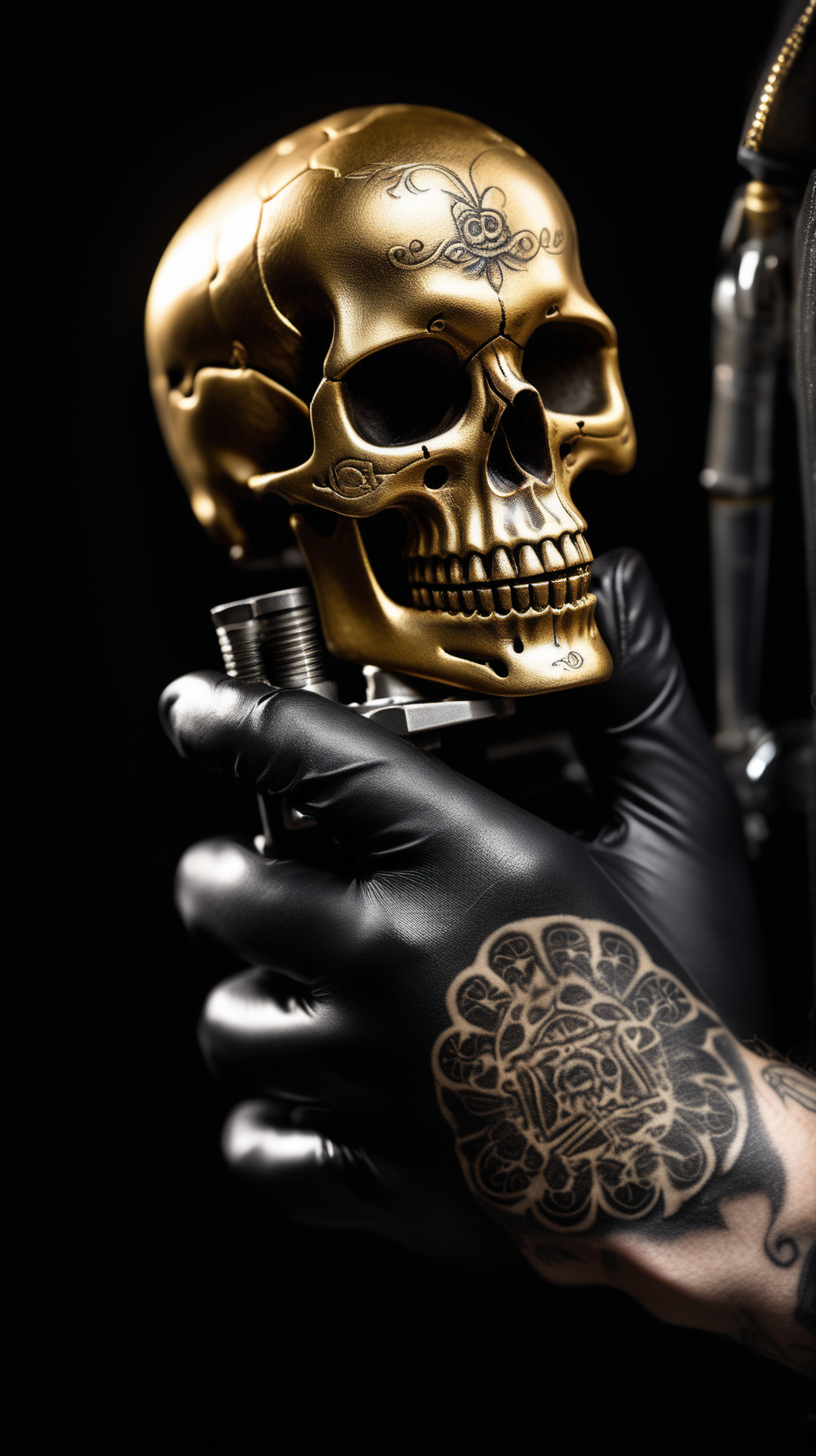 /imagine prompt : An ultra-realistic photograph captured with a canon 5d mark III camera, equipped with an macro lens at F 5.8 aperture setting, capturing a vintage tattoo machine ,The pattern of the skull is engraved on it's golden grip , placed in the hand wearing black nitrile gloves.
the hand is blurred and the focus sets on tattoogun's grip.
Soft spot light gracefully illuminates the subject and golden grip is shining. The background is absolutely black , highlighting the subject.
The image, shot in high resolution and a 16:9 aspect ratio, captures the subject’s  with stunning realism –ar 9:16 –v 5.2 –style raw
