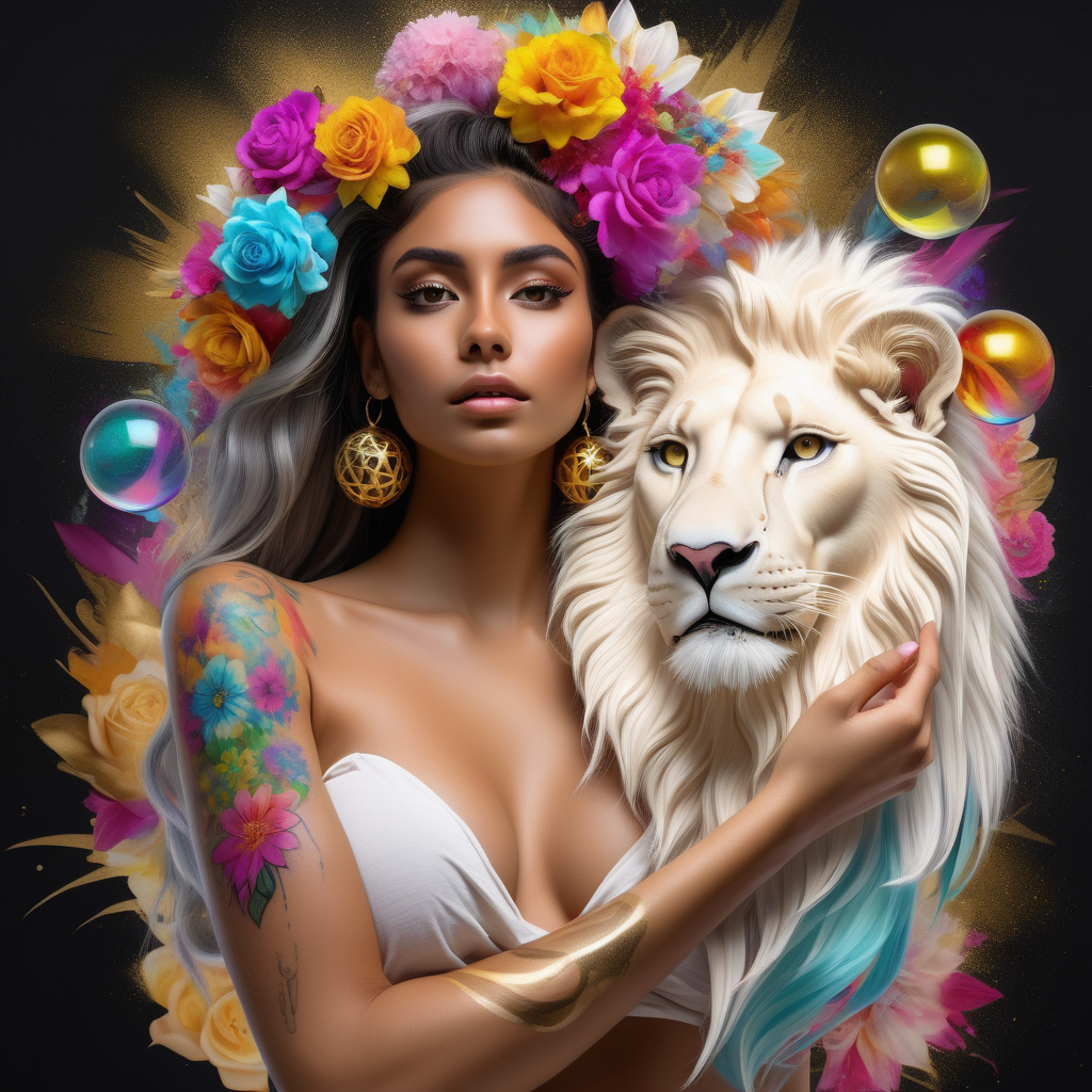 abstract exotic latina Model with soft colorful flowers the colors leak into her hair. add She is holding a toy top in gold she is looking at realistic white lion 18 crystal balls floating in the air add tattoos on her arms and shoulder