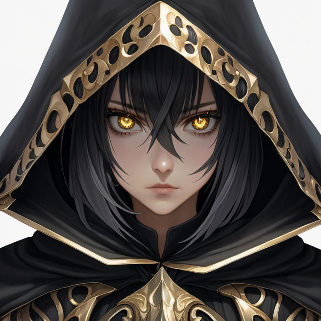 Anime woman with dark hooded cape wearing armor with gold eyes