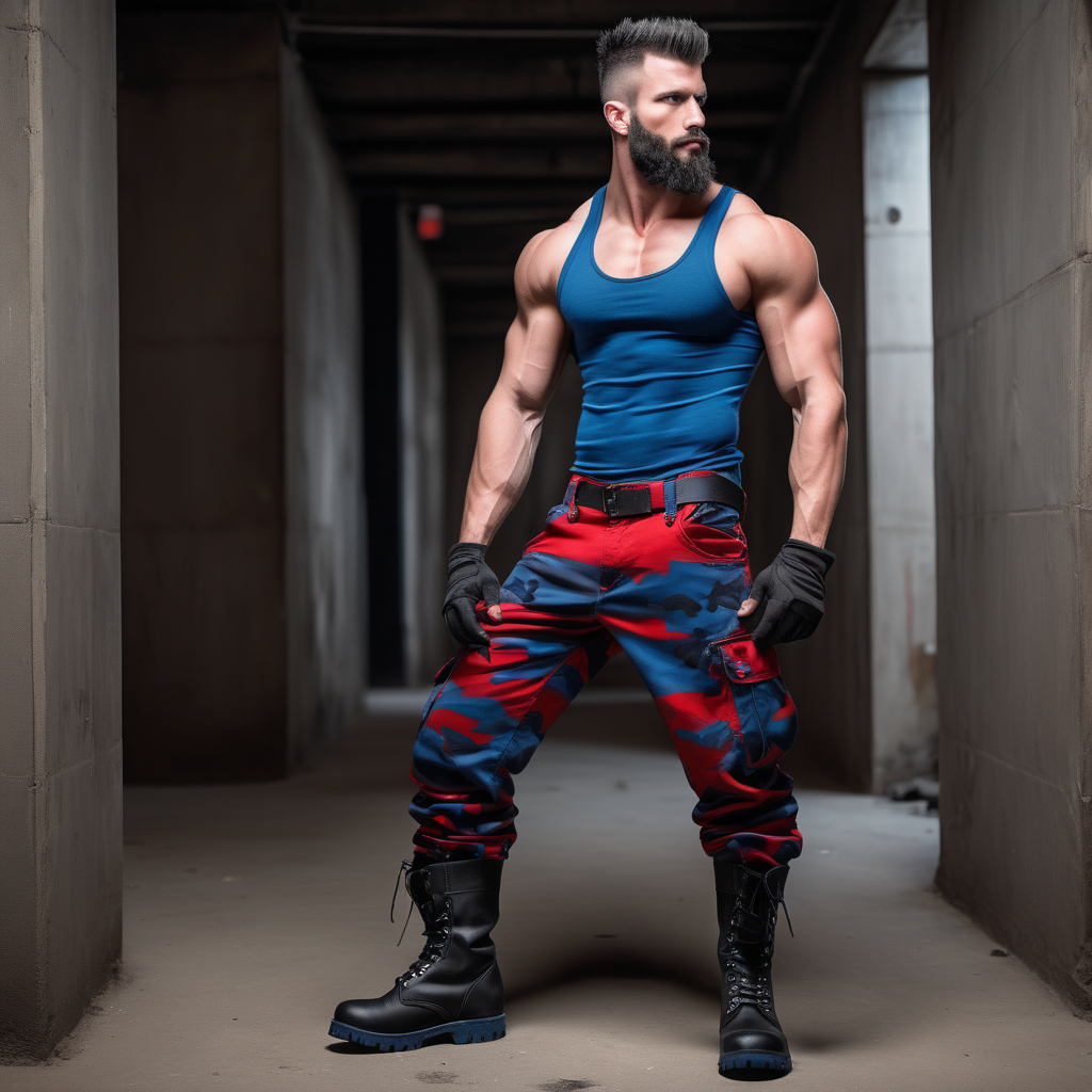 very muscular handsome tall young man, chin curtain beard, black faux hawk hair, black fingerless gloves, red blue tank top, red blue camo cargo pants, black heavy boots, underground