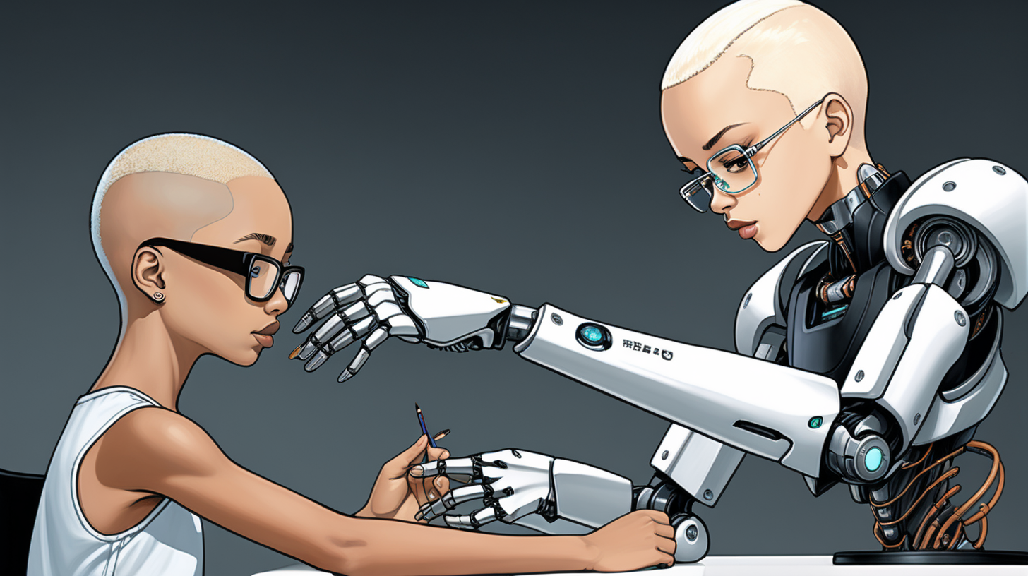 A cyborg is a work table and she is fixing the head of a human (mixed-race girl as first image with a bleach blond shaved head, wearing large black-rimmed glasses, 12 years old,) looking robot on her table. 