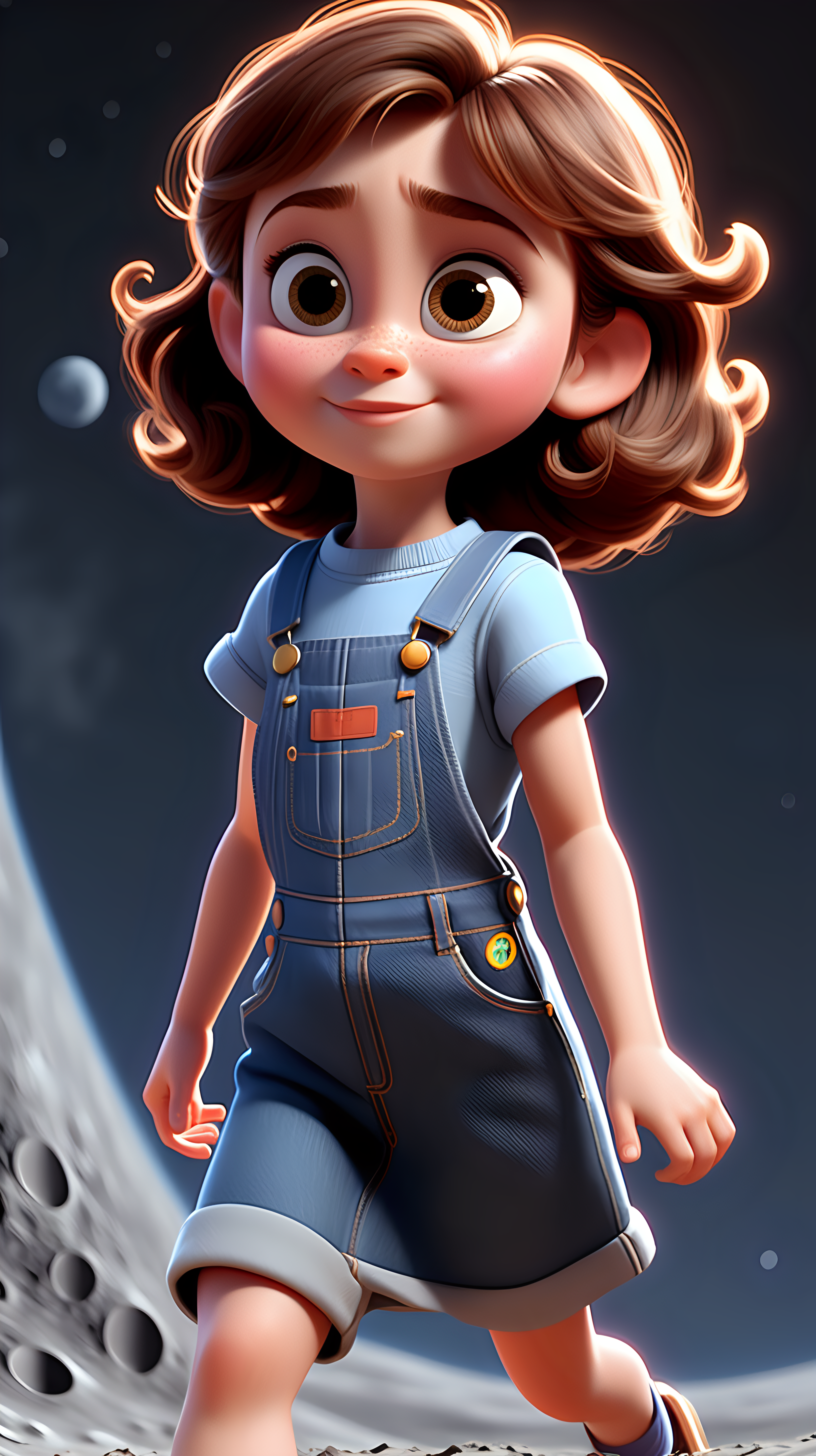 imagine 5 year old short girl with brown hair, fair skin, hazel eyes, wearing a denim dress overall, use Pixar style animation, make her running and make it full body size, standing on the surface of the moon