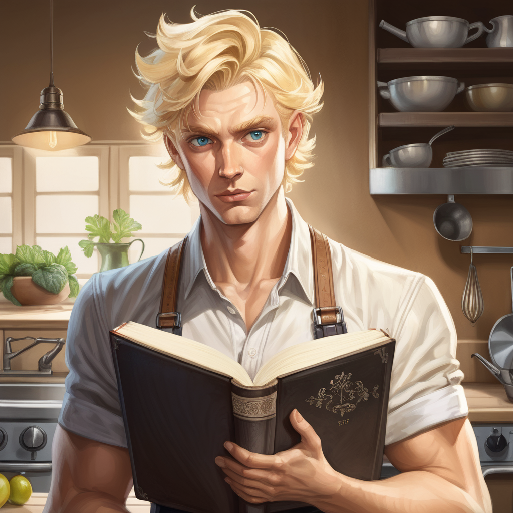 Блондин со светлыми глазами держит книгу с рецептами и смотрит подозрительно 