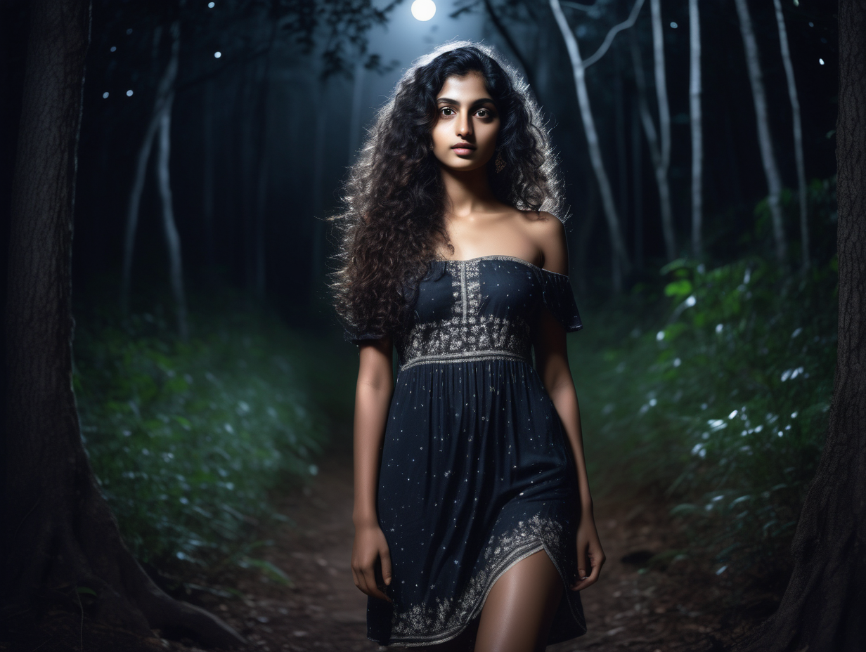 A beautiful slim Indian woman in her twenties with long curly hair , wearing a short off shoulder dress,  in a forest, dark night, delicate hands, detailed face, detailed skin, detailed hands, photorealistic, gravure, AV, pro photography, slide film, photo book, stars, full body shot, soft body, moon light, cinematic , 35mm