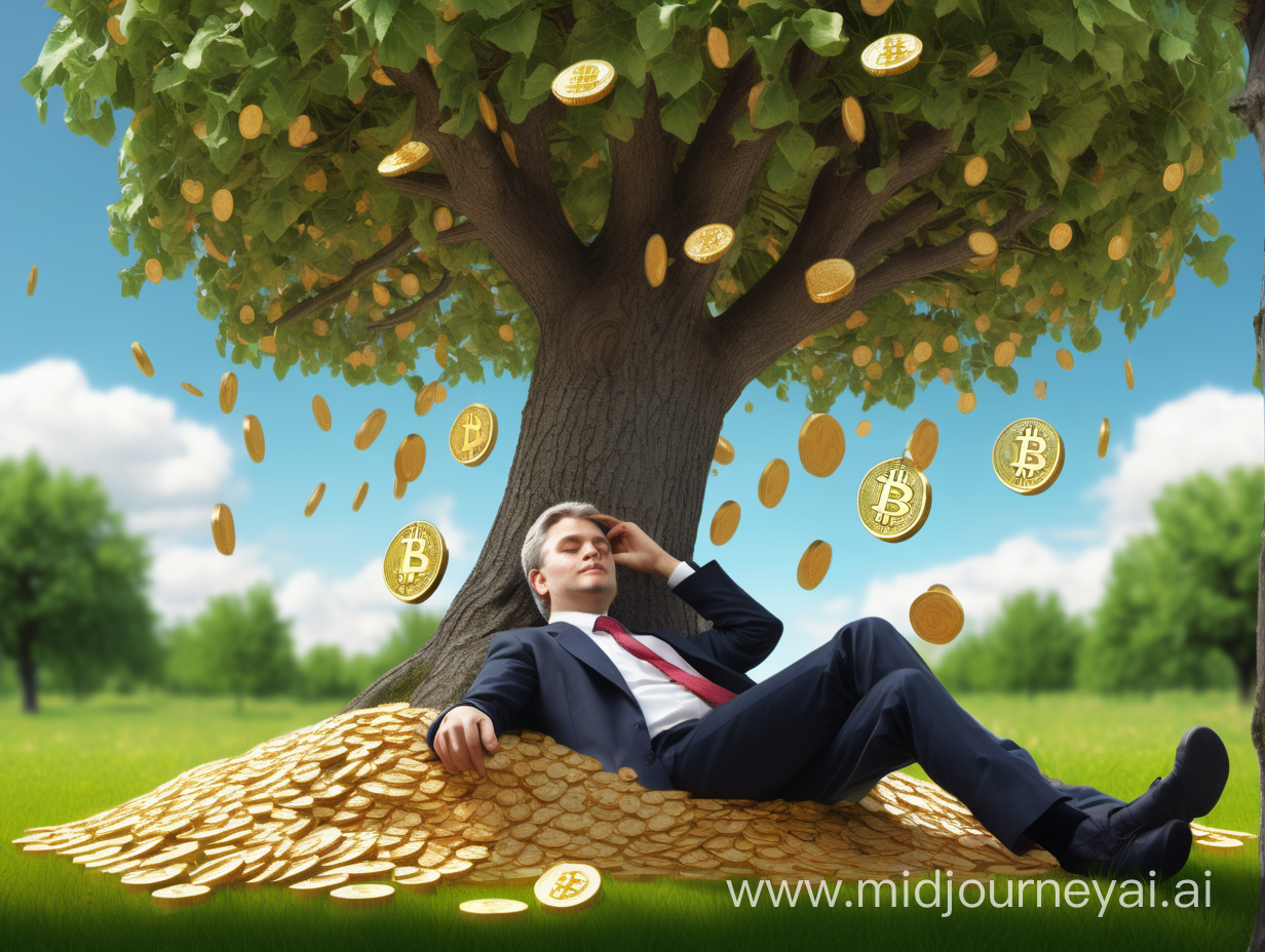 bitcoins falling from the apple tree, noble man is lying under the tree and is looking at the falling bitcoins