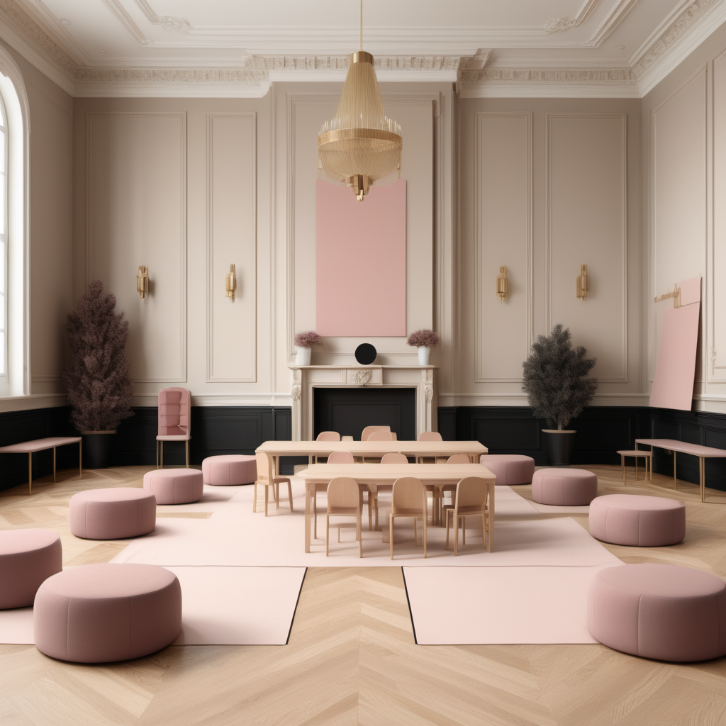 A hyperrealistic image of a palatial modern Parisian Montessori-inspired class in a beige oak brass colour palette with accents of black and dusty rose
