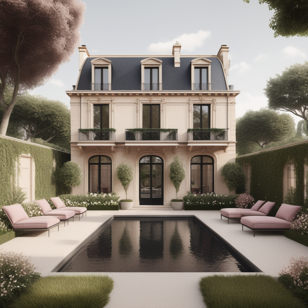 A hyperrealistic image of a modern Parisian  guest house viewed from the outside in a beige oak brass colour palette with accents of black and dusty rose, with an adjoined veranda covered in star jasmine, and beautiful garden beds and sprawling lawns around it, a small pool in the front yard
