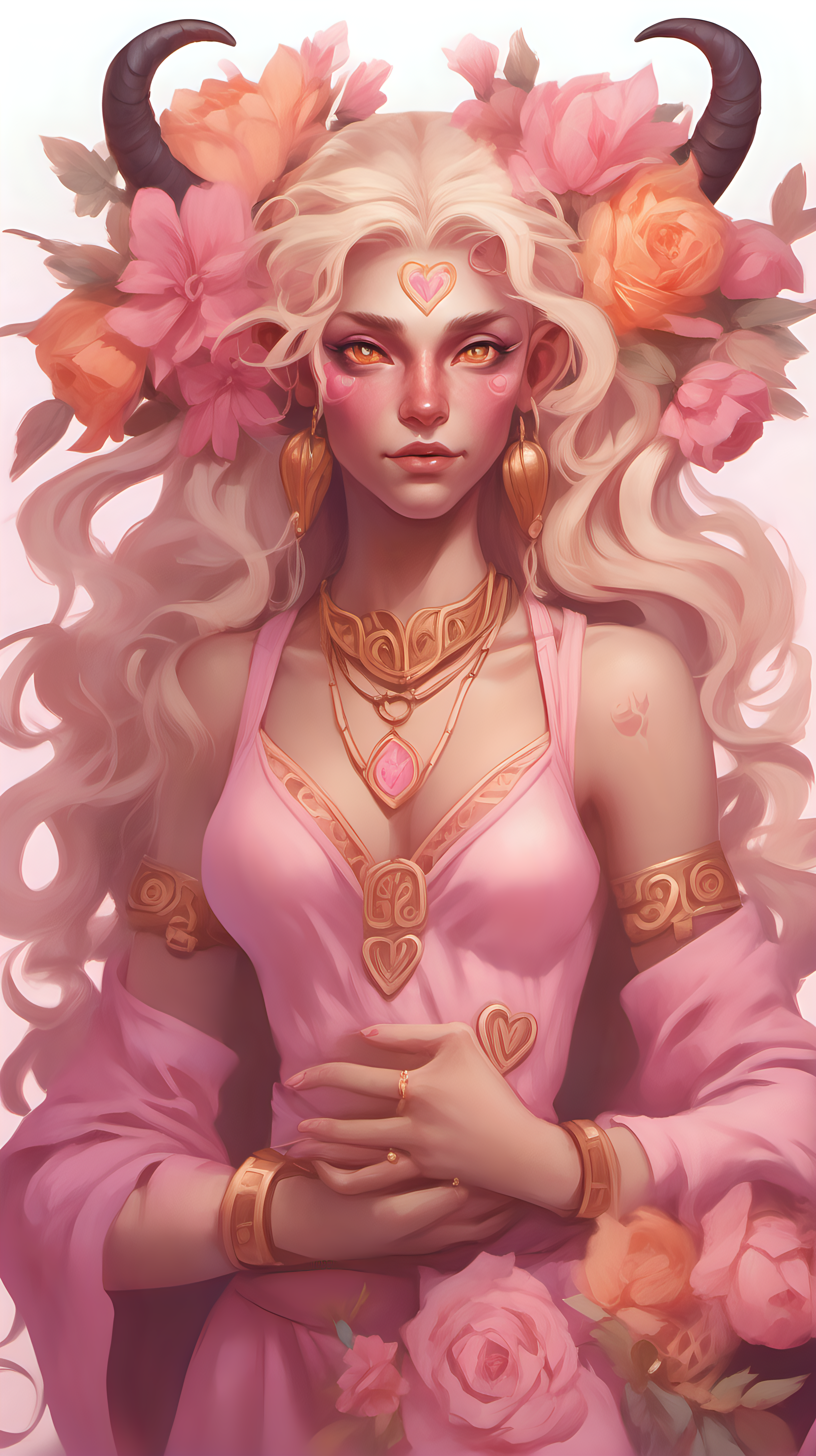 Tiefling woman with pink skin. She has white horns that meet at the top of her head to form a heart. She has light pink eyes. She has light blonde eyelashes. Her eyelashes are not black. She has blonde long hair with a orange tint. She is wearing a pink Greek-style dress with lots of flowers. She is wearing gold jewelry. She is holding a bouquet of pink flowers. 