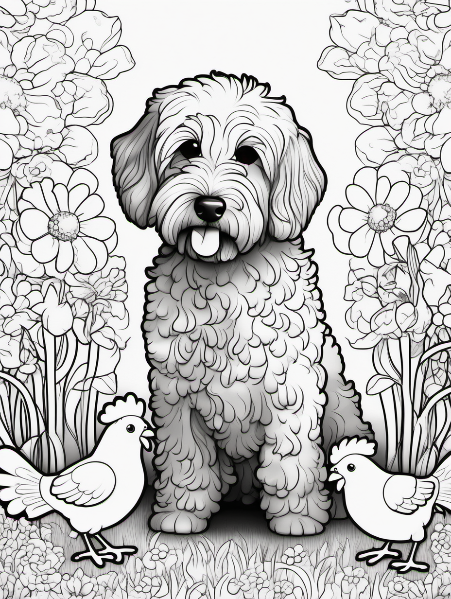 A cute goldendoodle in a whimsical garden with 2 chickens for coloring book with black lines and white background