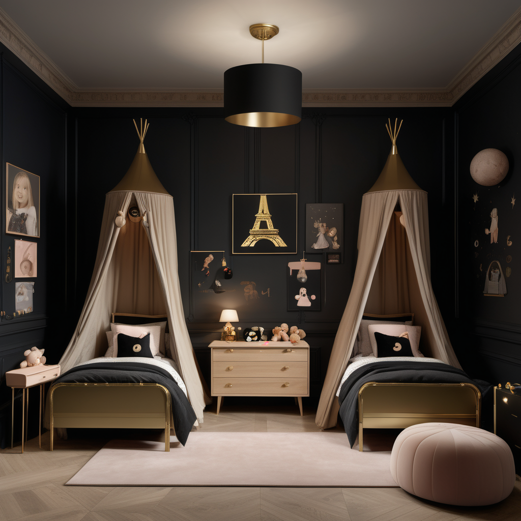a hyperrealistic of a grand modern Parisian childrens shared bedroom at night with mood lighting, a double bed with a canopy, artwork, toybox, desk, in a beige oak brass and black colour palette 
