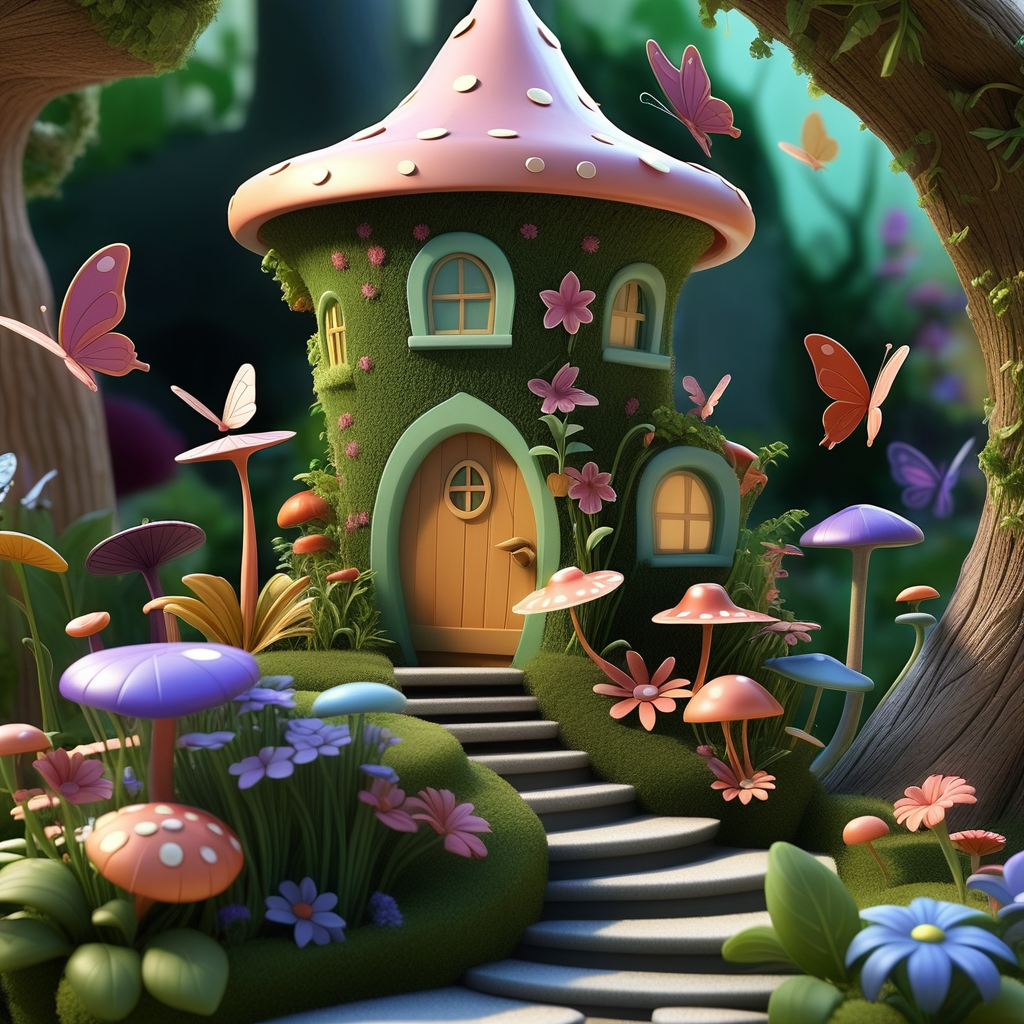 /envision prompt: Illustrate the fantasy flora of the fairy garden using Pixar's captivating 3D style. Every flower, tree, and plant should exude a whimsical charm, creating a lush and immersive environment.   --v 5 --stylize 1000