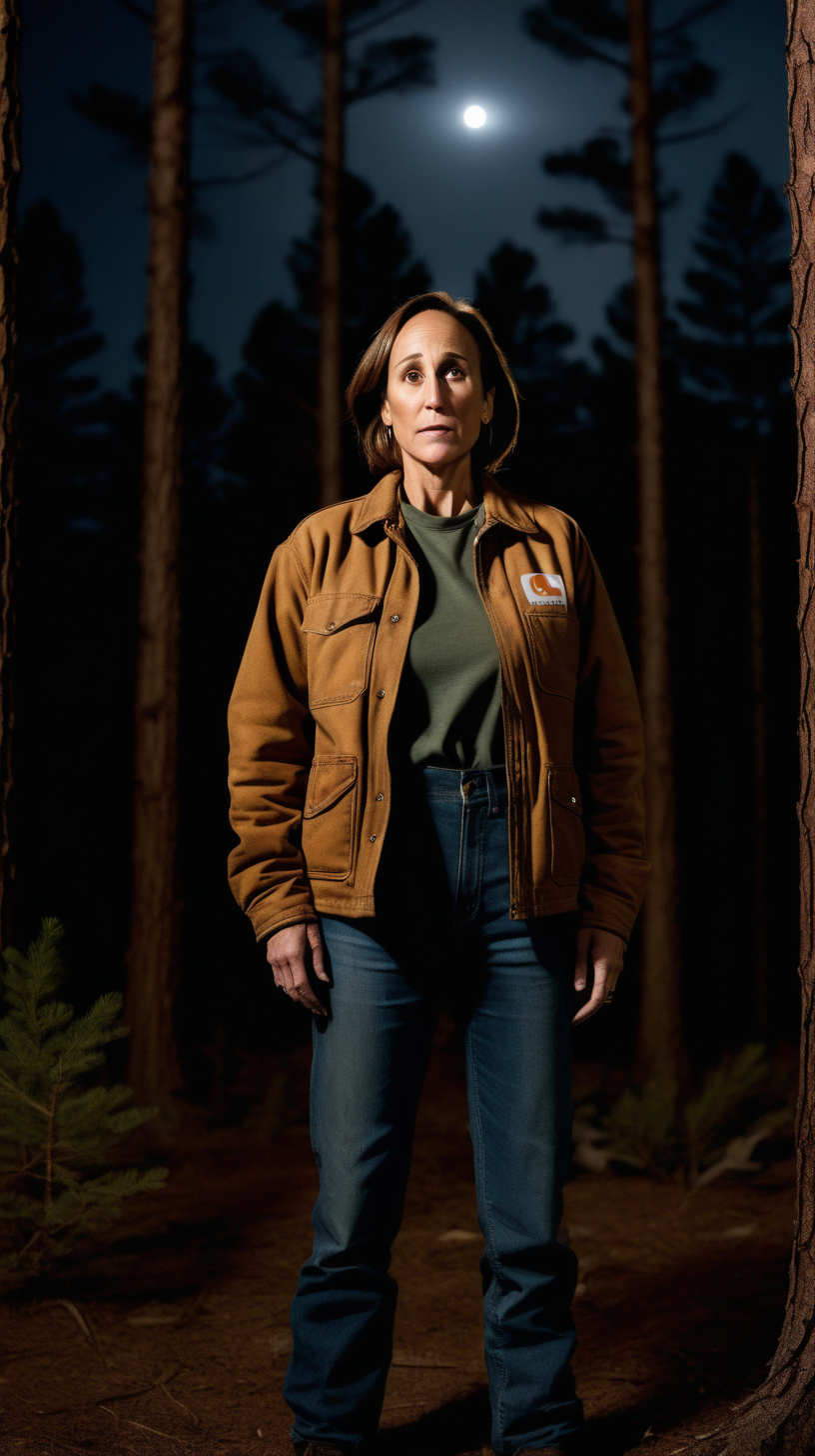 laurie metcalf dressed in a carhartt, standing in pine forest at night, lit by headlights from a nearby truck, 3/4 body shot, 85mm,