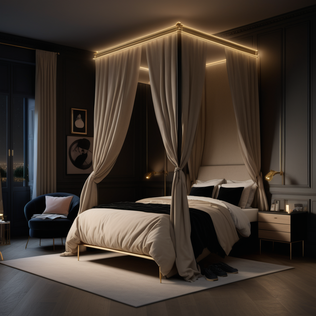 a hyperrealistic of a grand modern Parisian estate home Teenagers bedroom at night with mood lighting, a double bed with a canopy, in a beige oak and brass colour palette with accents of black
