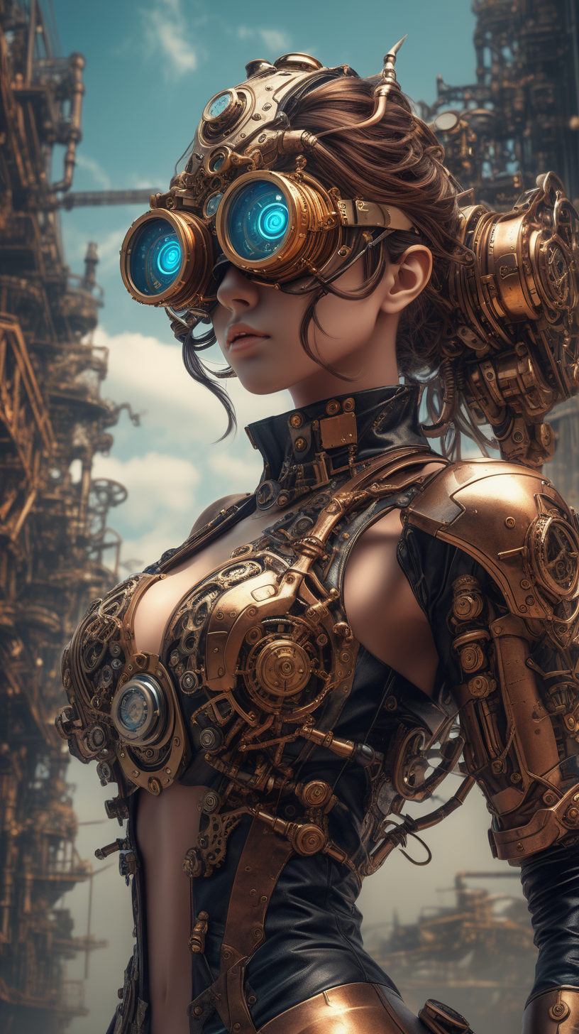 (steampunk atmosphere, a stunning girl with a mecha musume aesthetic, adorned in intricate cyber gogle, )  fractal, 32k UHD high resolution, highres, professional photography, intricate details, masterpiece, perfect anatomy, cinematic angle , cinematic lighting, (dynamic warrior pose:1)