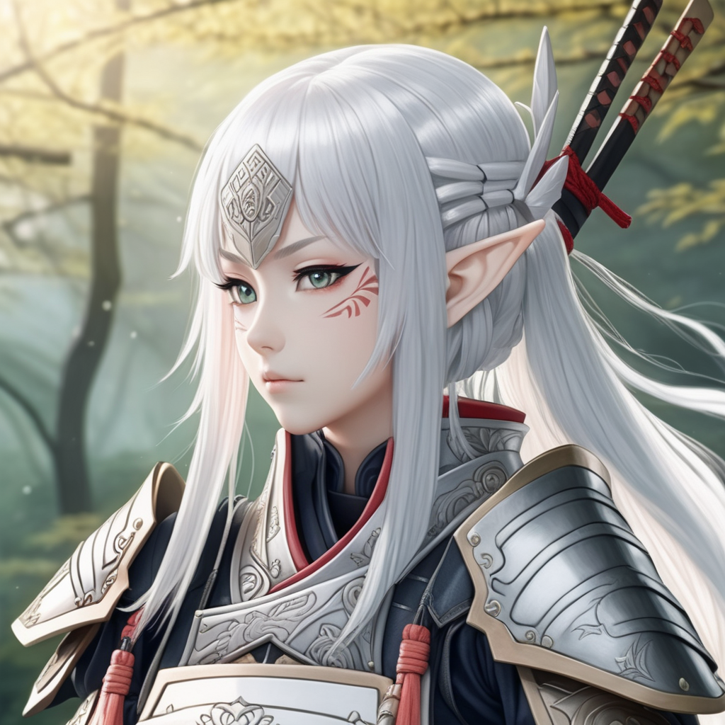beautiful anime elf woman wearing samurai armor with