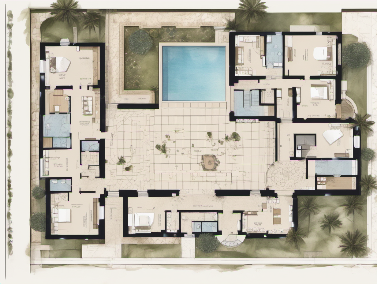 An architectural floor plan, based on a Greek temple, layout of luxurious villa complexes featuring opulent interiors, bathhouses, and expansive common spaces, architectural floor plan