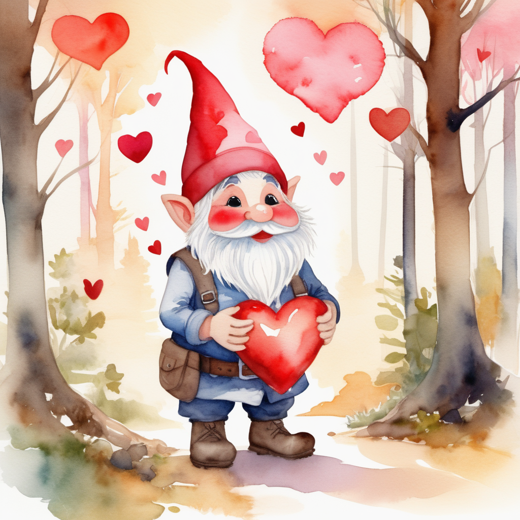 /envision prompt: A watercolor image of, a valentine-themed gnome  in a candid moment. Set against a natural backdrop, the gnome interacts with heart-shaped elements, creating a genuine and spontaneous atmosphere. The color temperature is warm, enhancing the earthy tones of the surroundings. The gnome's expressions vary, capturing authentic emotions of love and playfulness. The lighting is natural, with sunlight streaming through the trees, creating a warm and inviting scene. --v 5 --stylize 1000