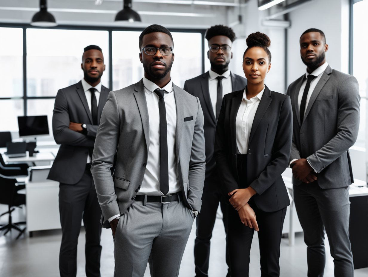equipe travailleurs hommes noir sinformaticien en costume gris et noir debout bureau lumineux