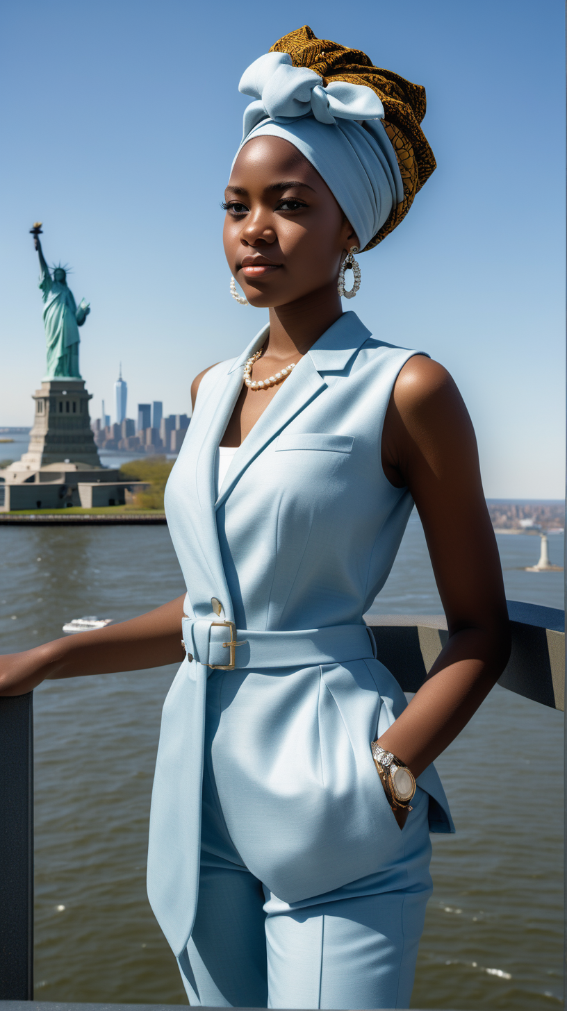 A handsome, intelligent black, female, teenager, wearing an African headwrap, short hair, wearing a blouse, wearing a belted, elegant, string of pearls, Wearing a blue, two piece, women's wool suit, standing on the overlook deck, at the top of the statue of liberty, building, in a luxury, brightly lit, modern day, sunny, in Ultra 4K, High Definition, full resolution, hyper realism