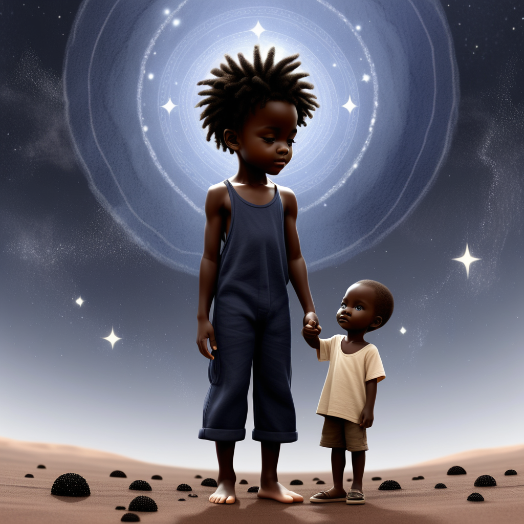 prompt: a black indigo child helping the world with a black star seed child standing by his side helping 