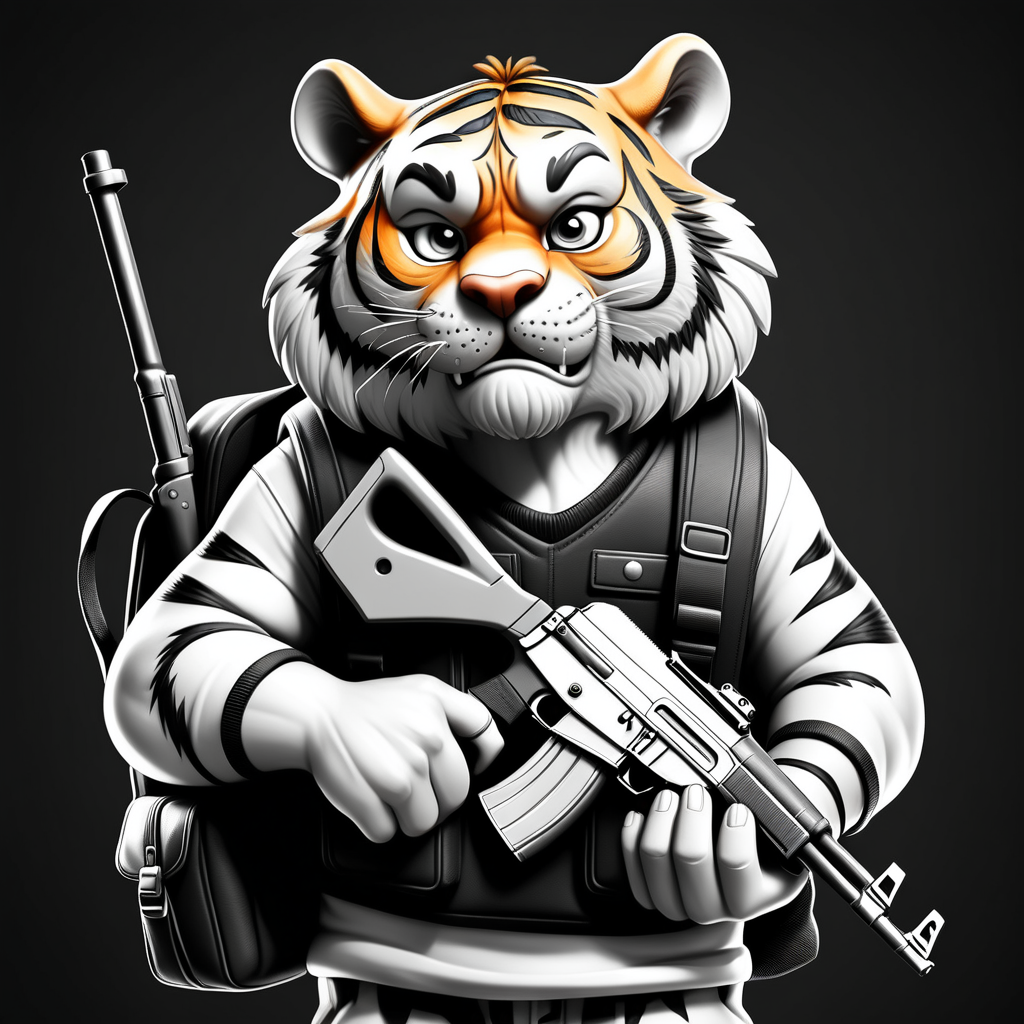 draw a street gangster siberian tiger wearing a backpack while holding an ak 47 in black and white