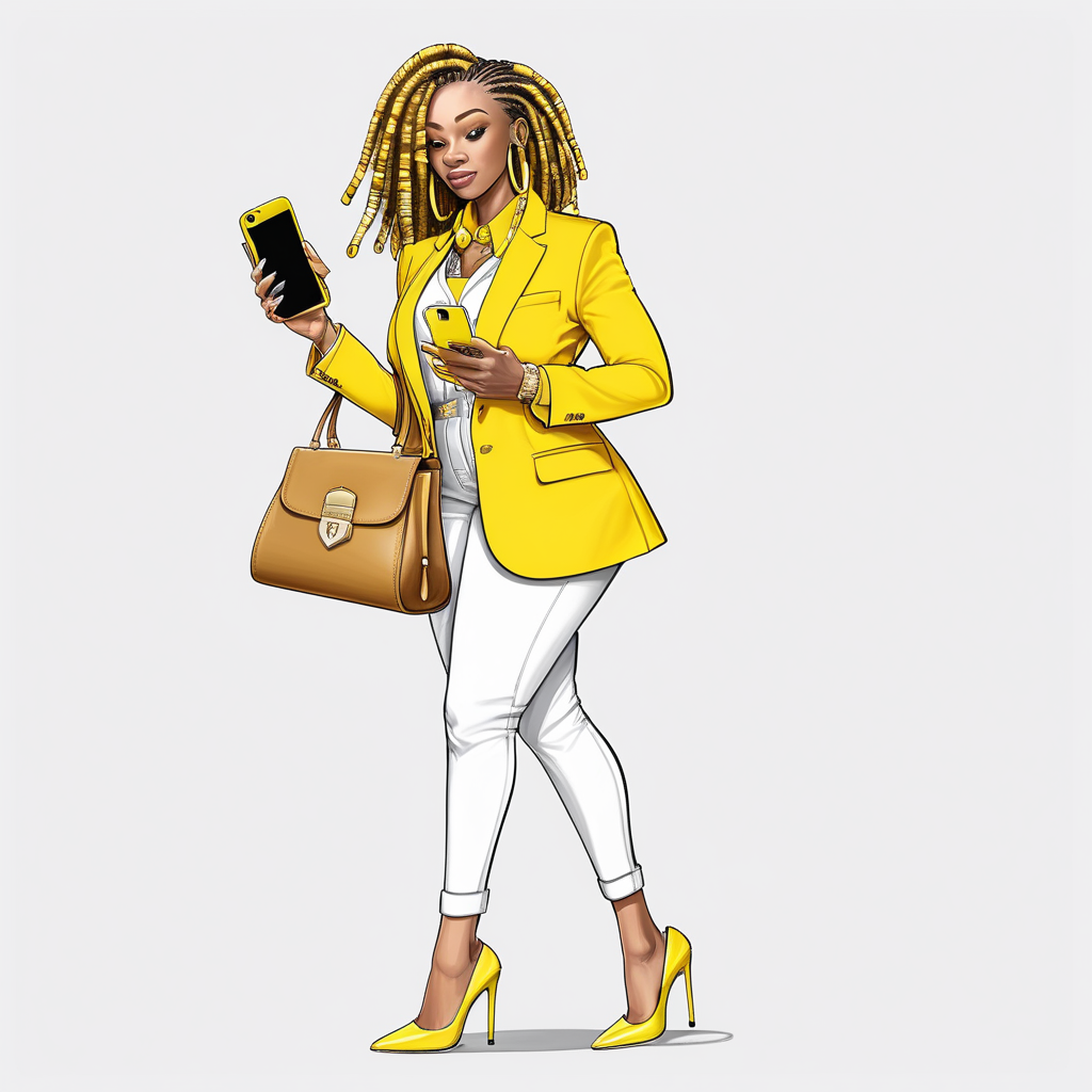 An african american woman in a yellow and white suit with yellow high heels; a cell phone in one hand and a purse in the other, with a white background in a realistic cartoon image, with pinned up locs
