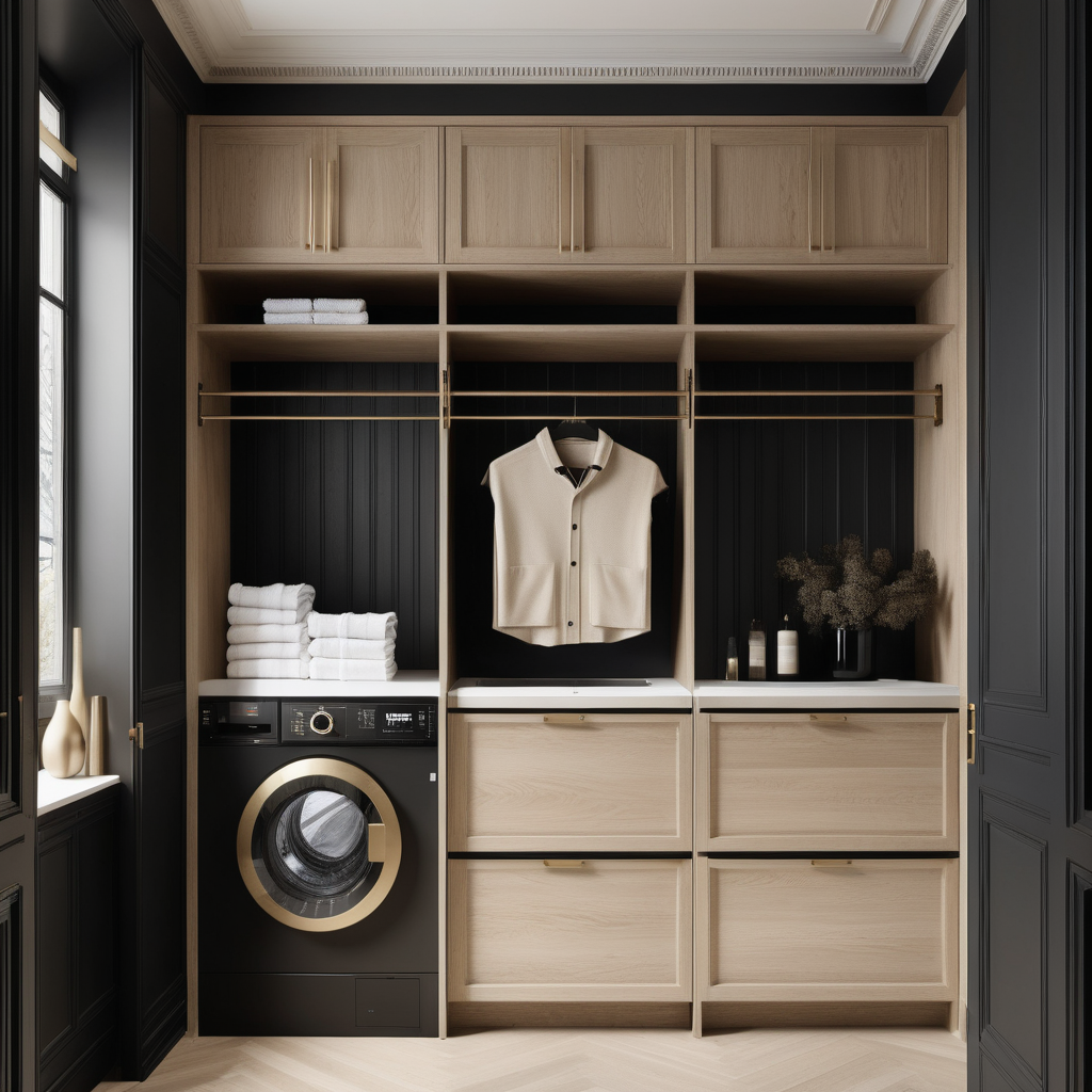 a hyperrealistic image of a grand Modern Parisian  laundry  in a beige oak brass and black colour palette