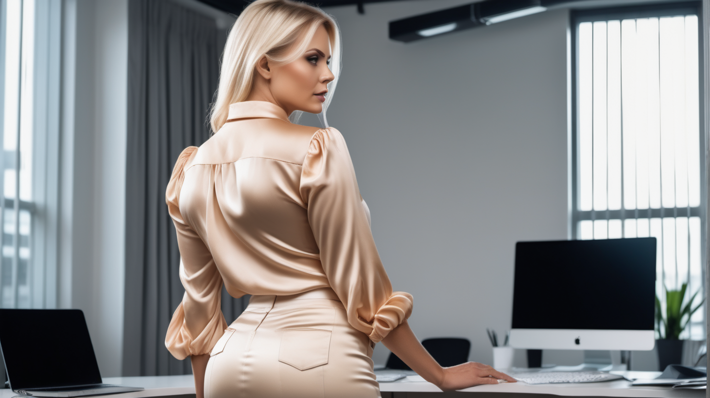 high quality photo showing blonde woman working in