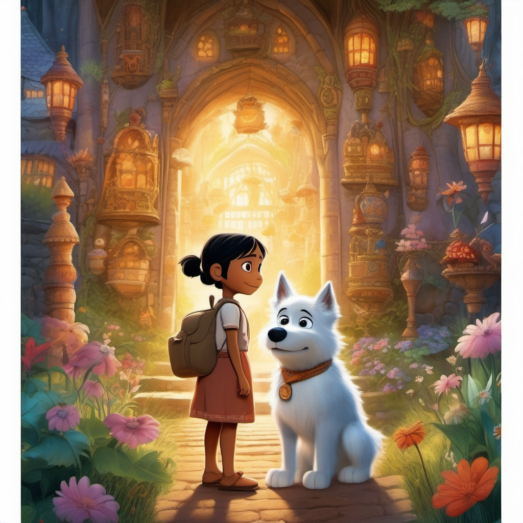 A delightful little Indian girl fascinated by languages is embarking on a journey In the magical fairy tale land of Sprachland to learn German, accompanied by her loyal companion, a fluffy dog named Elsa, Hayao Miyazaki
