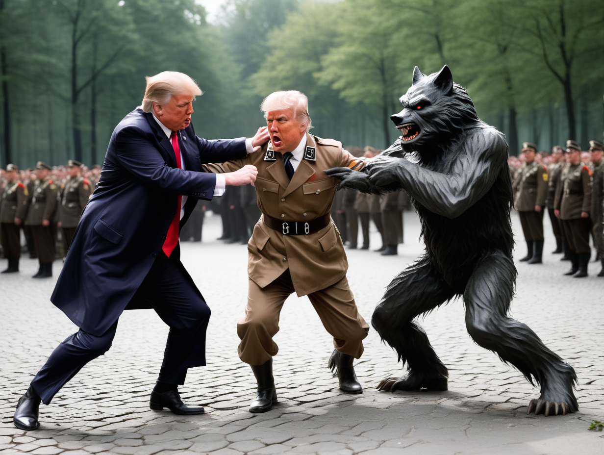 Donald Trump in a Nazi uniform fighting the