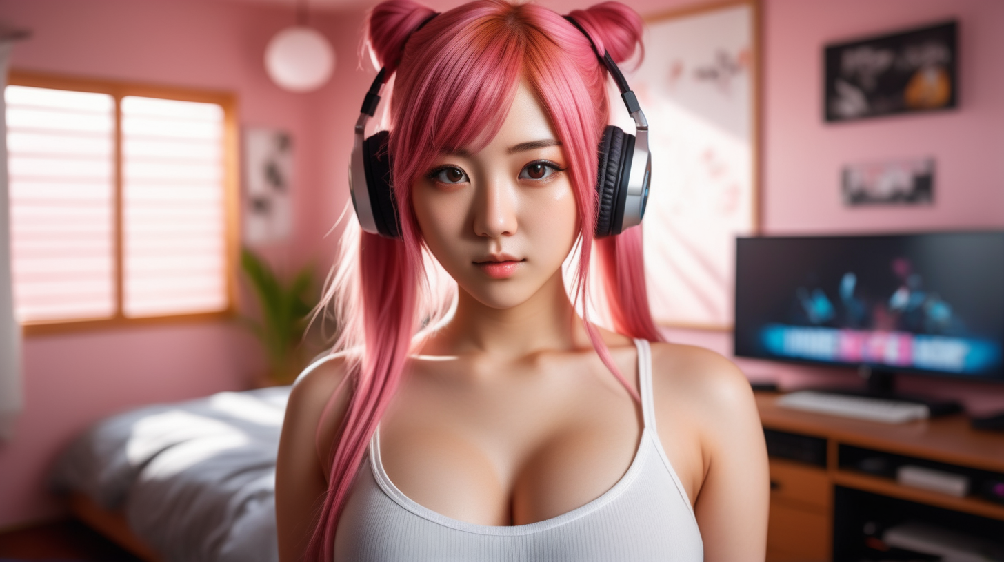 A 25 yo japan woman in a delightful afternoon. She is standing looking at the camera, she is listening to music in a gamer style bedroom. She wears a k-pop look nsfw. This photography is the best representation of female beauty, shiny pink hair, hazel eyes, big tits. Extremely realistic textures and warm colors give the final touch. Sharp focus and realistic shadows add to the scene.