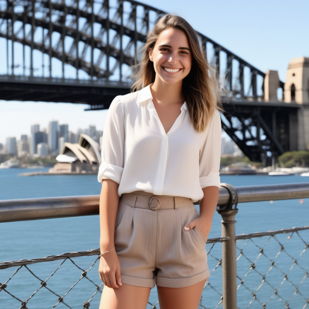 A smiling Emily Feld dressed in taupe shorts and a white blouse with Sydney's Harbour Bridge in the background