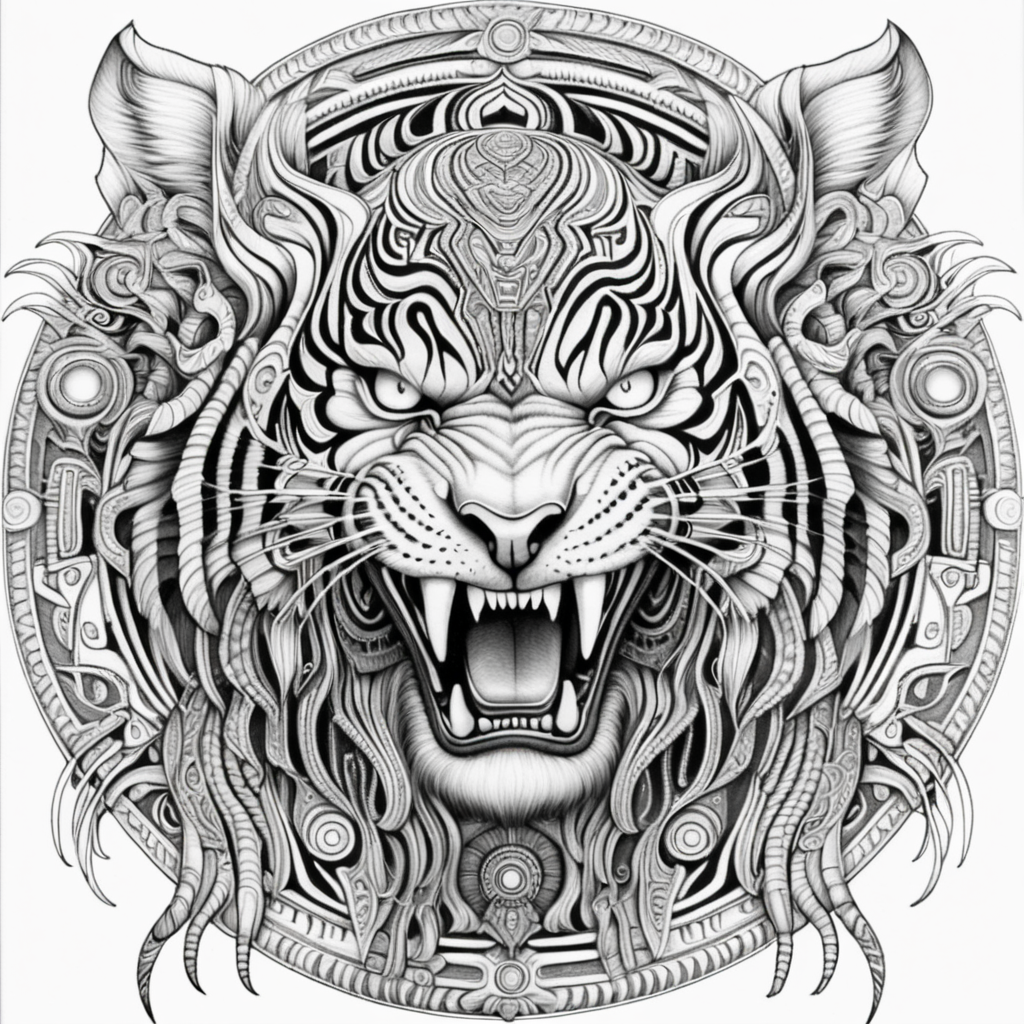 black & white, coloring page, high details, symmetrical mandala, strong lines, sabretooth tiger with many eyes in style of H.R Giger