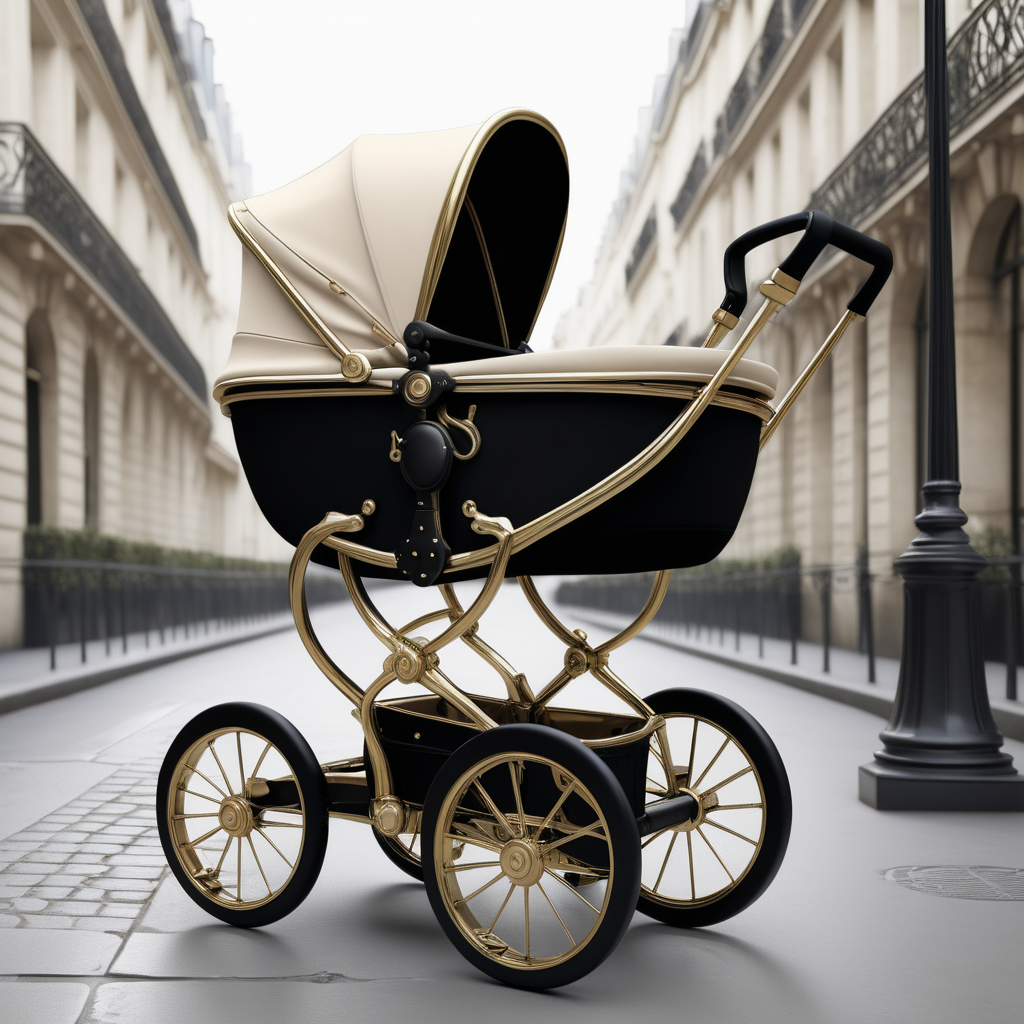 a hyperrealistic image of a modern Parisian  pram; beige, brass, black colour palette