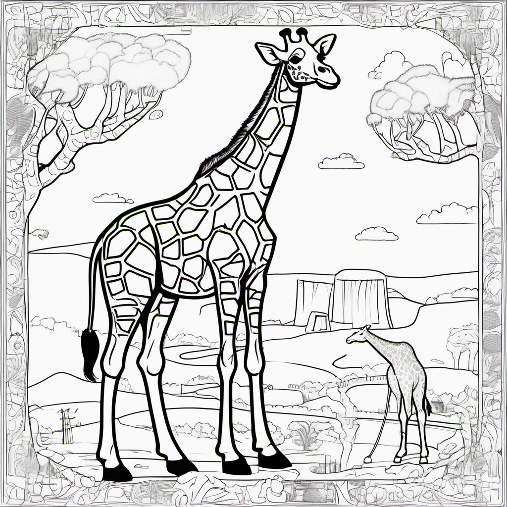 /imagine colouring page for kids, Giraffe Time Travelers, exploring different historical eras, thick lines, low details, no shading --ar 9:11