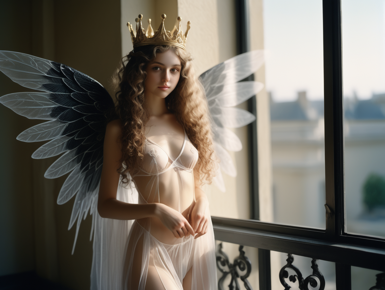 A beautiful slim  fairy in her twenties with long curly hair , big black wings, wearing heavenly attire, sexy,  crown on head, holding fairy stick, at the terrace, in the morning, delicate hands, detailed face, detailed skin, detailed hands, photorealistic, gravure, AV, pro photography, slide film, photo book, window light, full body shot, soft body, window light, film grain, 35mm