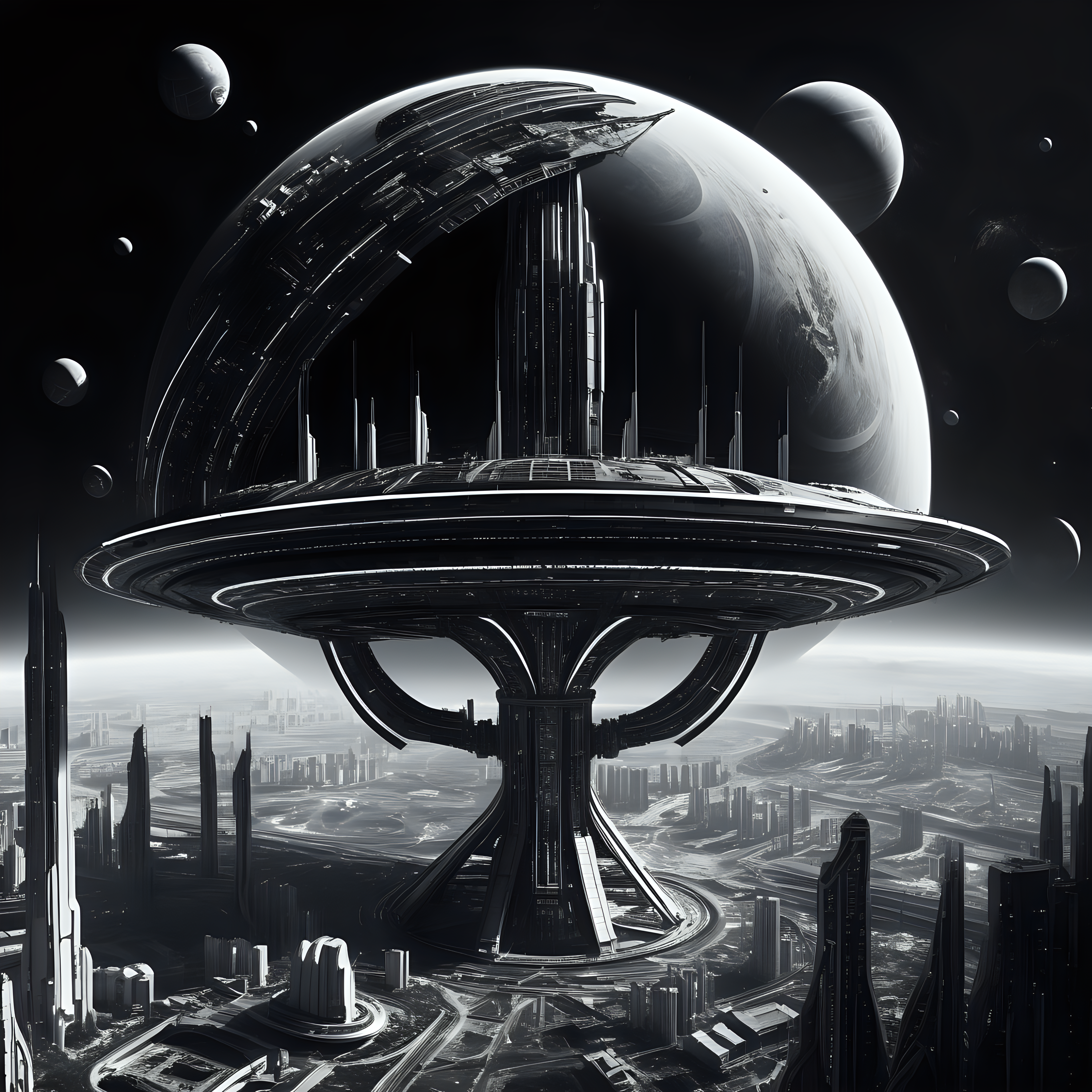 black and white futuristic space station in orbit of a planet covered in one city