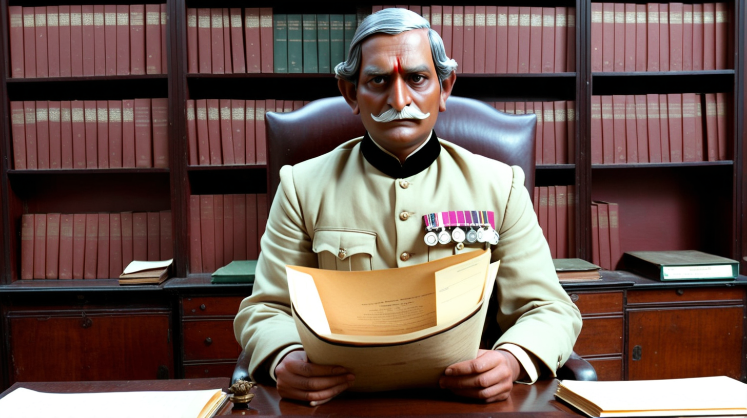 A British officer of east india company is Charles is sitting on a wooden chair in In the office of the revenue department, there are several revered texts that are preserved on the shelves.On the table, there is a typewriter, several journals, files, and various official documents. These include the Vedas, Puranas, ancient antique inscriptions, and various other venerable texts,  A gulley indian indentured servant enters the office carrying a set of documents and places them on his desk.