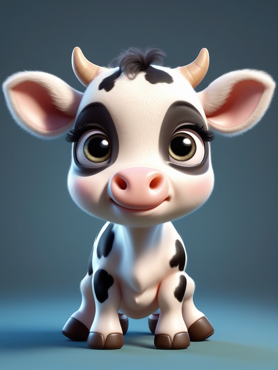 A cute baby cow realistic pixar style big eyes and small body with short legs.