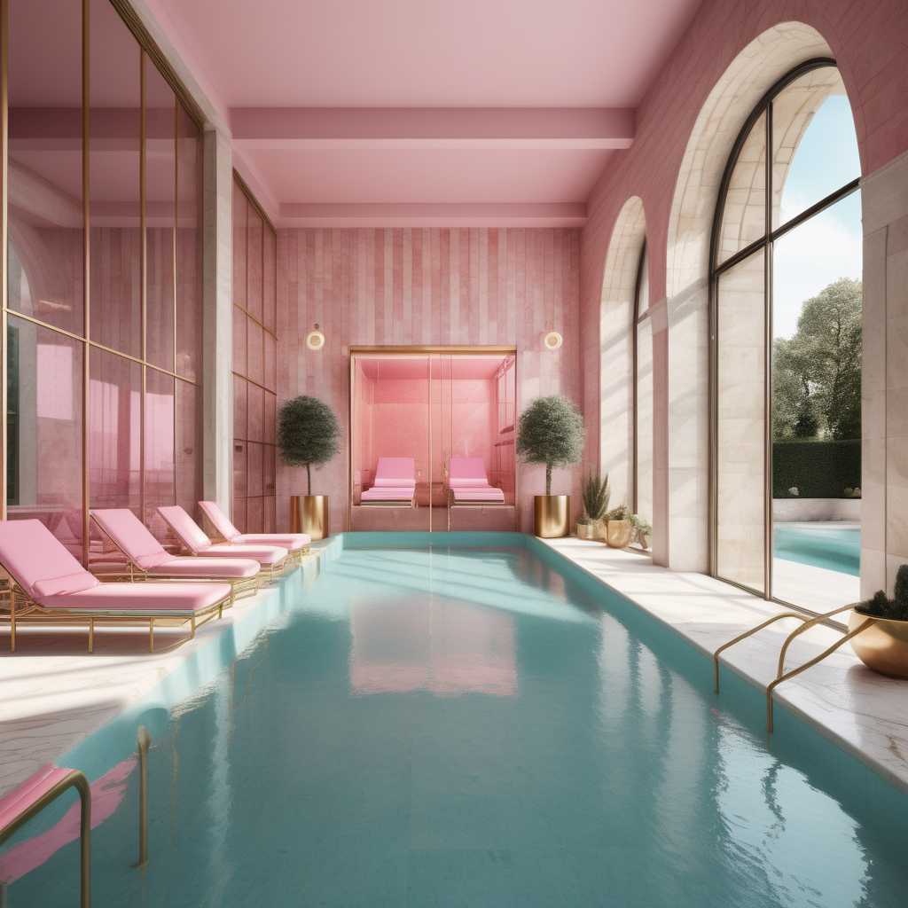 hyperrealistic image of modern Parisian indoor pool sunbeds