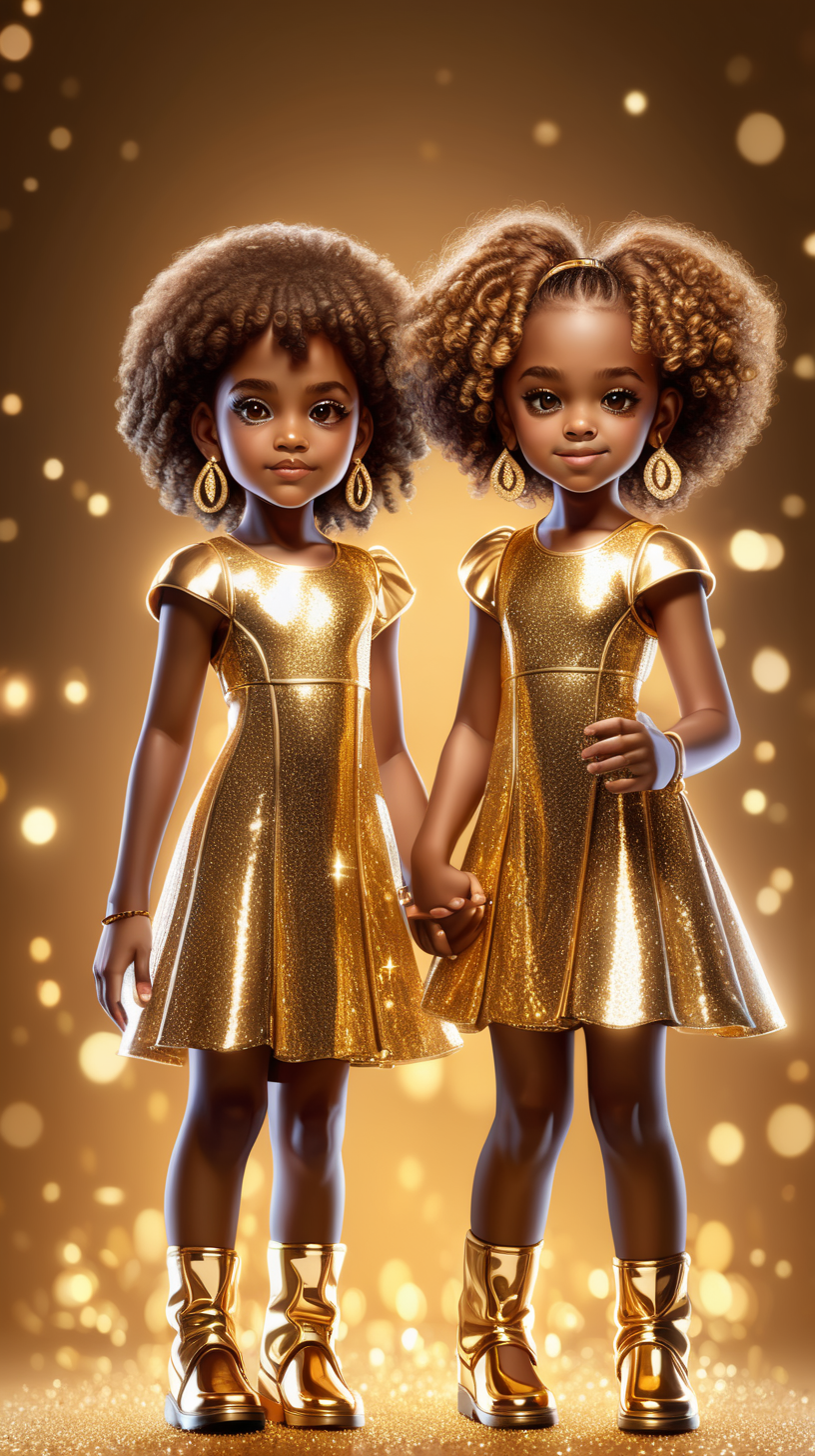 pixel 3D African 10 year old  twin sisters,  glowing beautiful light brown skin curly  hair sparkly face with sparkly makeup on and full body with a golden dress and Golden Earrings showing legs in golden shoes with normal Brown skin and beautiful dark brown 