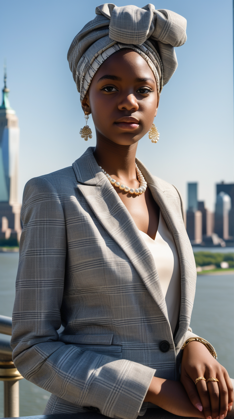 A handsome, intelligent black, female, teenager, wearing an African headwrap, short hair, wearing a cream, blouse, wearing an elegant, string of pearls, Wearing a grey pattern, two piece, women's wool suit, standing on the overlook deck, at the top of the statue of liberty, building, in a luxury, brightly lit, modern day, sunny, in Ultra 4K, High Definition, full resolution, hyper realism