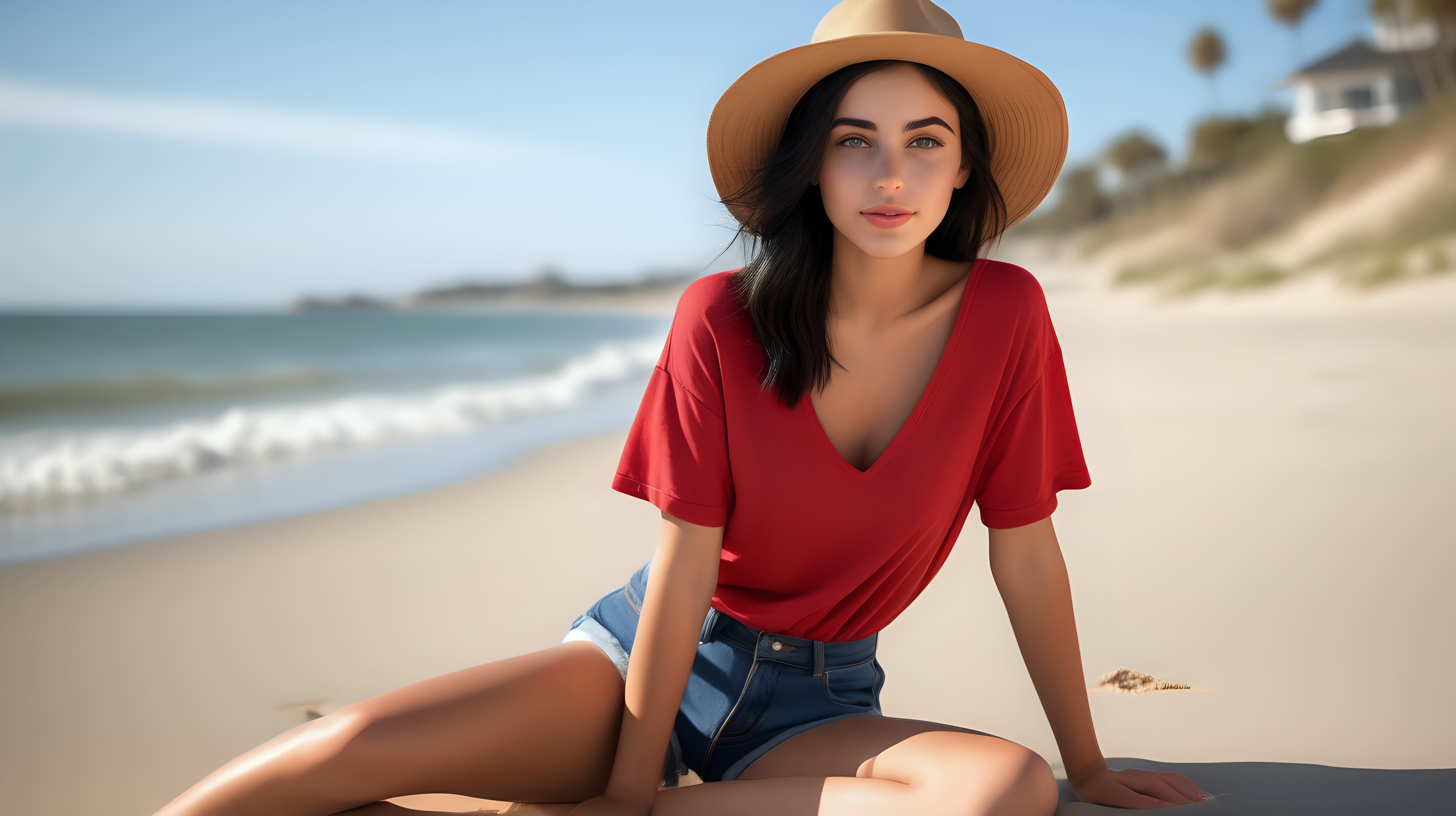 A photo of a beautiful  25 yo woman sitting on a sandy beach, wearing a hat and a red shirt. She is posing for the camera, sexy, and her outfit includes a pair of blue shorts. The beach setting and her attire create a relaxed and summery atmosphere. This photography is the best representation of female beauty, shiny black hair, hazel eyes, big tits. Extremely realistic textures and warm colors give the final touch. Sharp focus and realistic shadows add to the scene