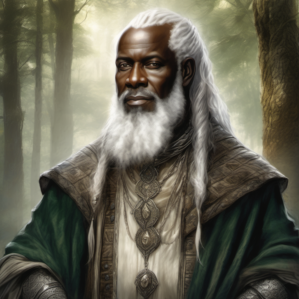 genera un retrato, estilo Luis Royo, de un gobernador medieval africano, sesenta años, pelo blanco, barba blanca y grande, vestidura lujosa, de fondo un bosque




