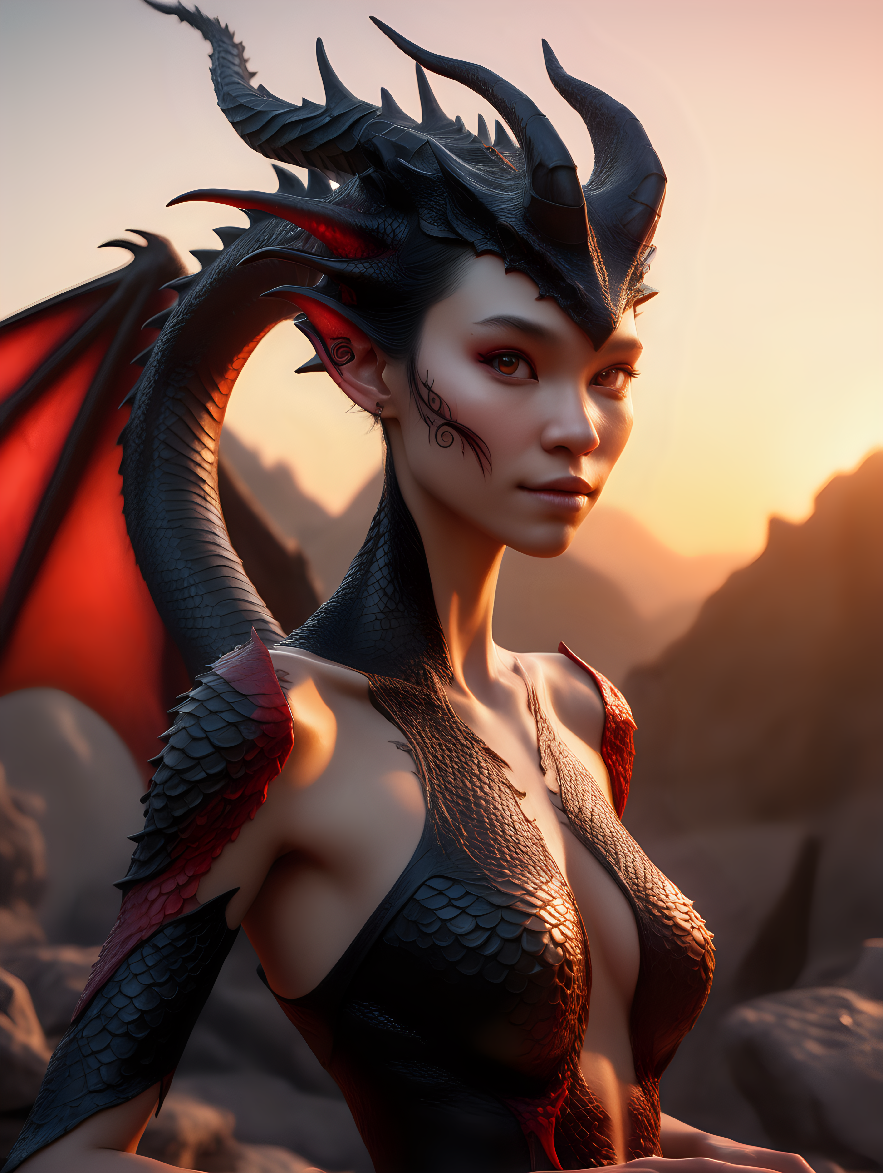 ultra-realistic high resolution and highly detailed photo of a slender female human dragon, with sleek pointy black horns gently swept straight backwards over head, with red scales growing on her skin, she has draconic symbols carved into her arms and body, in the sunset guarding her eggs, facing the camera