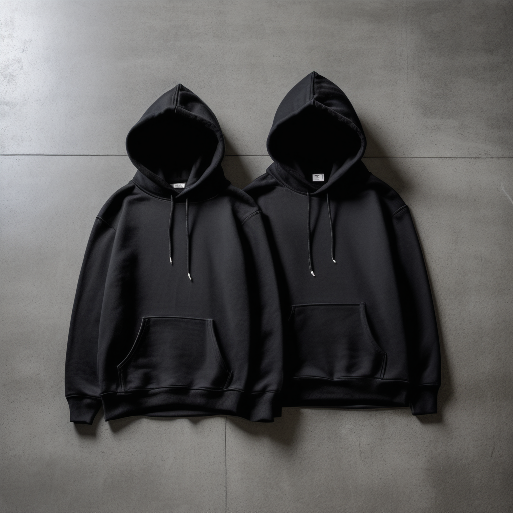 front side of 2 black hoodies on concrete floor