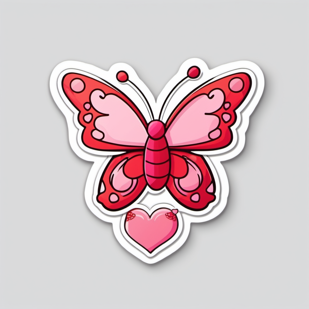  Sticker, Cute valentine red and pink Butterfly with Heart-shaped Wings, kawaii, contour, vector, white 
background
