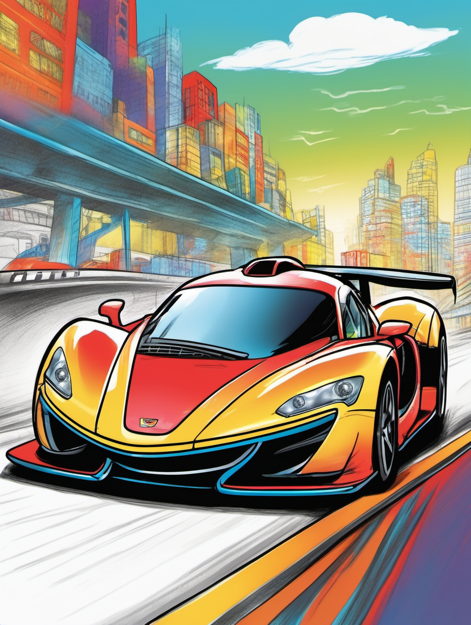 sportscar drawing for book cover in full vibrant