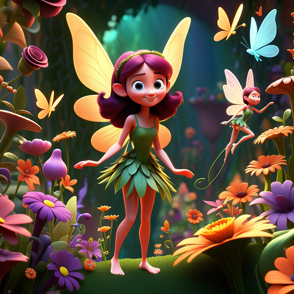 /envision prompt: In Pixar 3D style depict fairies surrounded by an abundance of magical flora. Incorporate flowers, vines, and various plants to give a rich, enchanted feel.--v 5 --stylize 1000